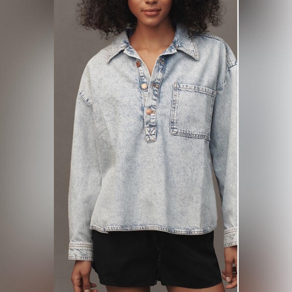 Anthropologie Pilcro The Becca Denim Shirt Large Regenerative Cotton Acid Wash - Picture 3 of 13